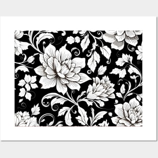 Seamless floral pattern with black and white flowers on a white background. Posters and Art